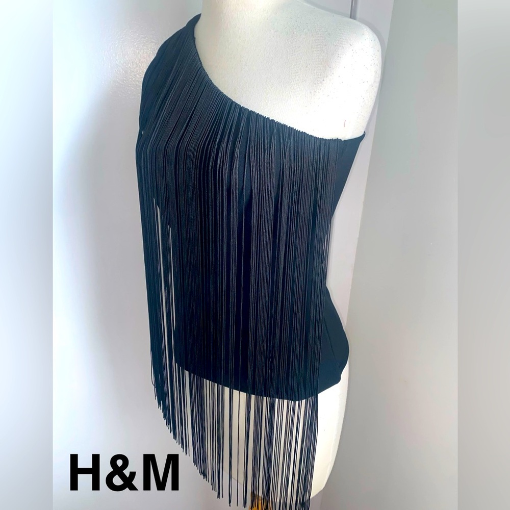 H&M Black One-Shoulder Front Fringe Top - Size S - NEW